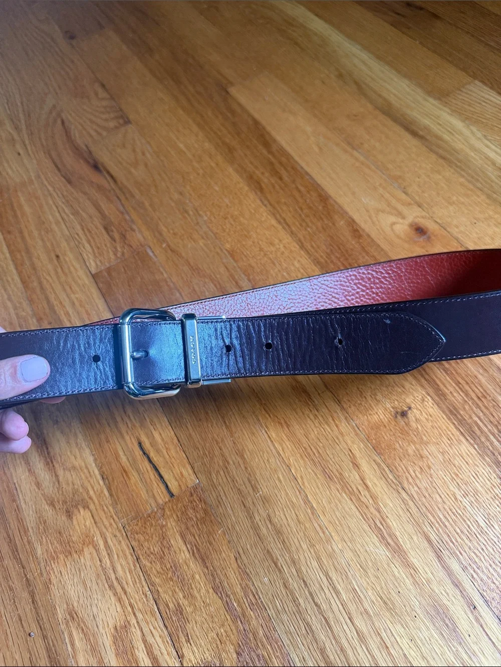 Coach Two-Tone Pebbled Leather Belt in Burnt orange  and Dark Brown